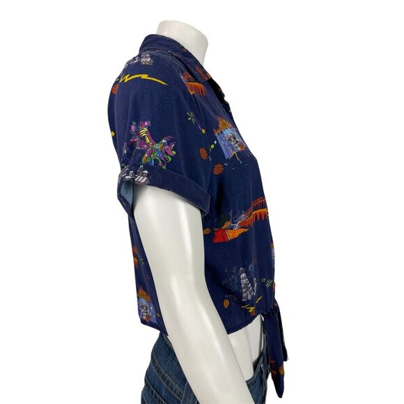 Her Universe Disney Pixar Coco Womens Tie Front Woven Top Small Blue Button Down - Picture 2 of 7
